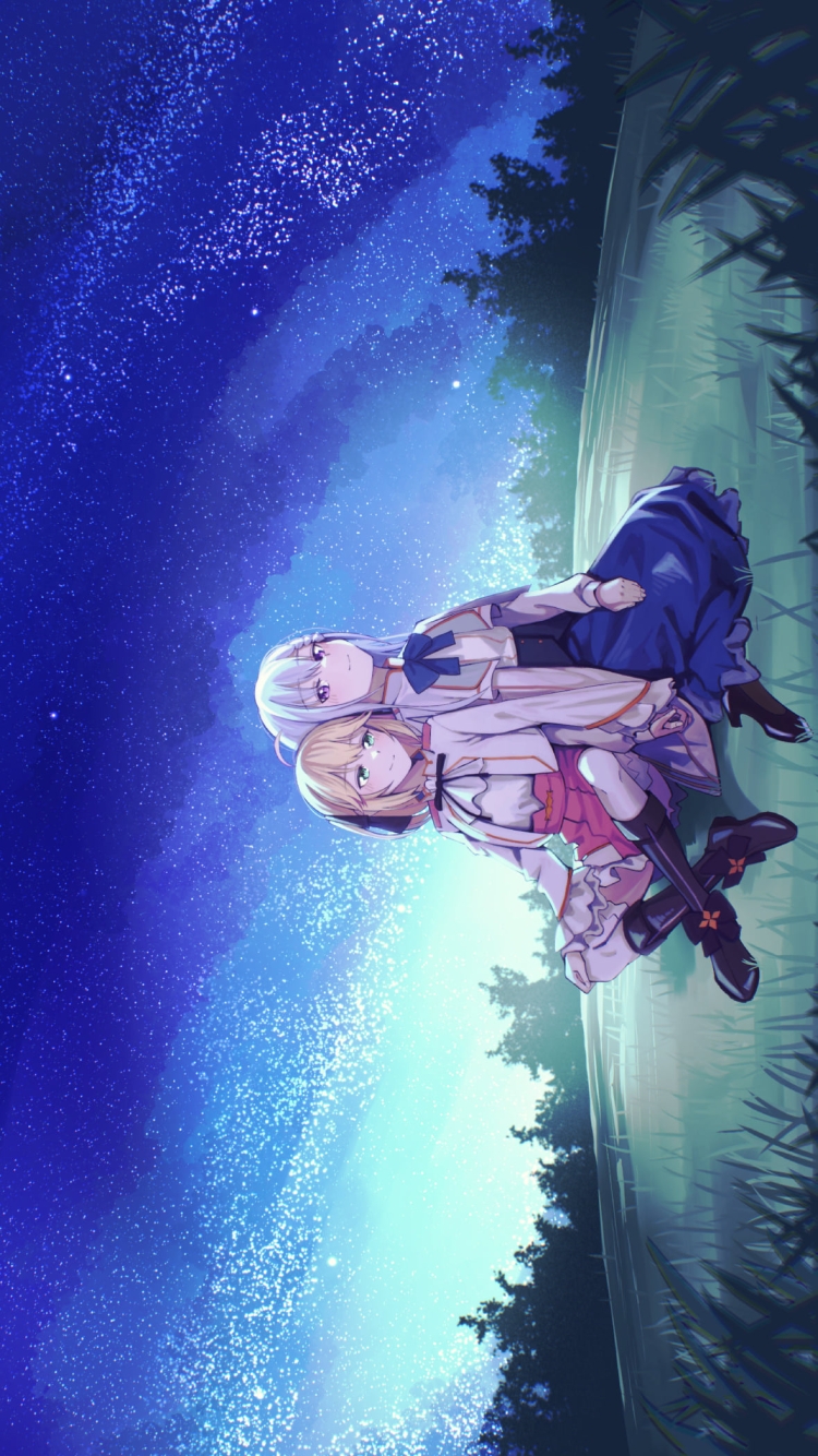 背中合わせに座るアニスフィア・ウィン・パレッティア / ユフィリア・マゼンタ / 夜空 / 転生王女と天才令嬢の魔法革命の750 x 1334 / スマホ壁紙