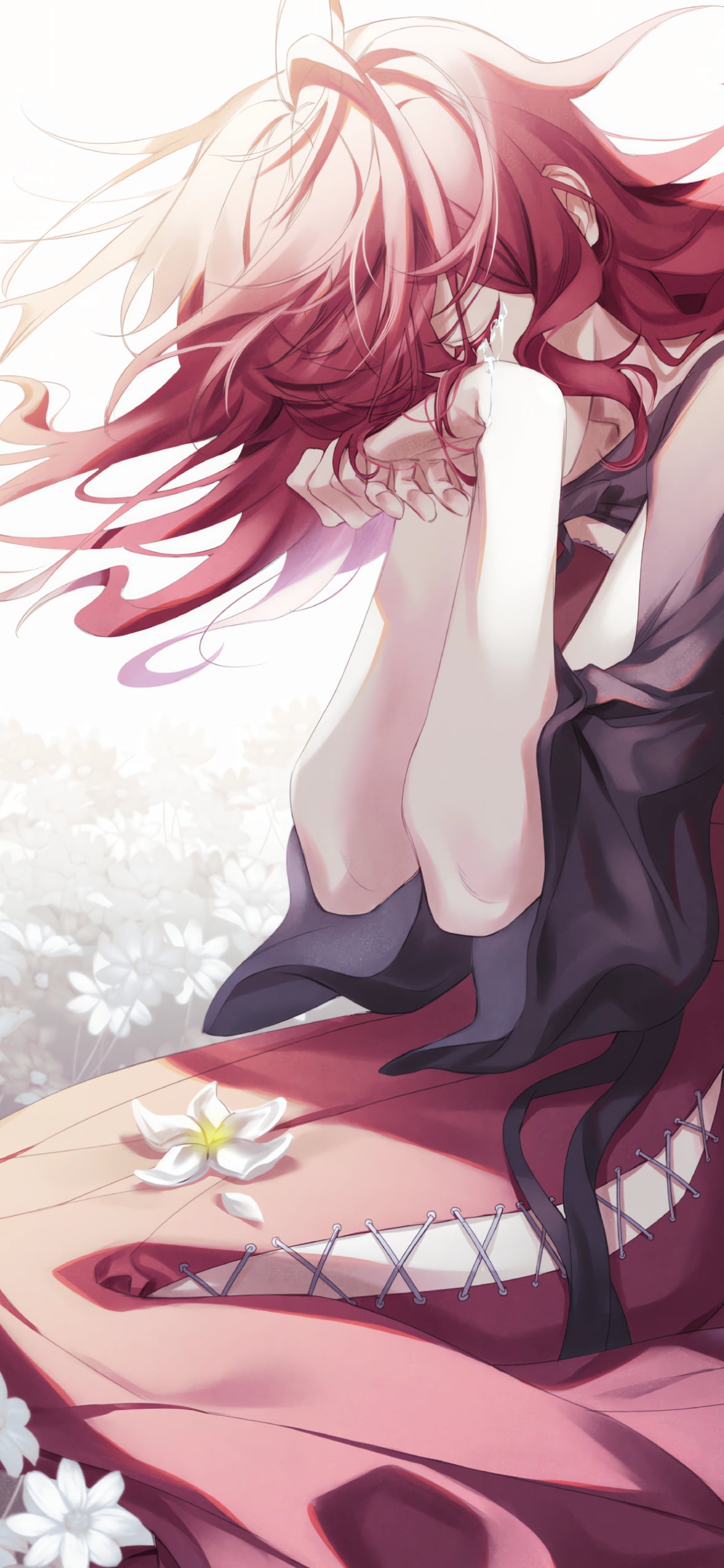 泣き崩れるデボル / 白い花 / ニーアレプリカントの1170 x 2532 / スマホ壁紙