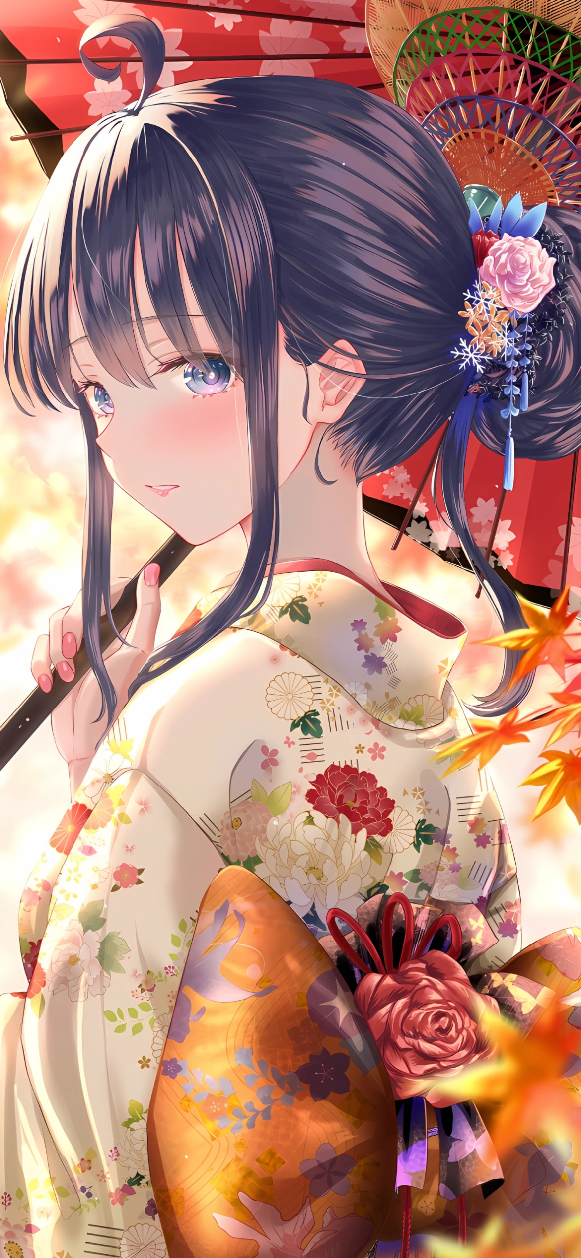 紅葉と和傘を持つ雪ノ下雪乃 / やはり俺の青春ラブコメはまちがっている。の1170 x 2532 / スマホ壁紙