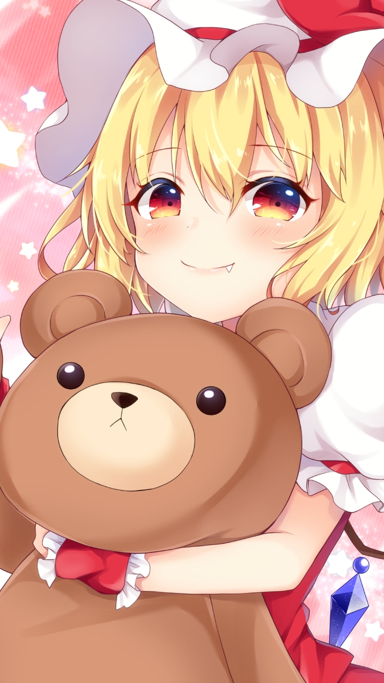 大きな熊のぬいぐるみを持つフランドール・スカーレット / 東方の750 x 1334 / スマホ壁紙
