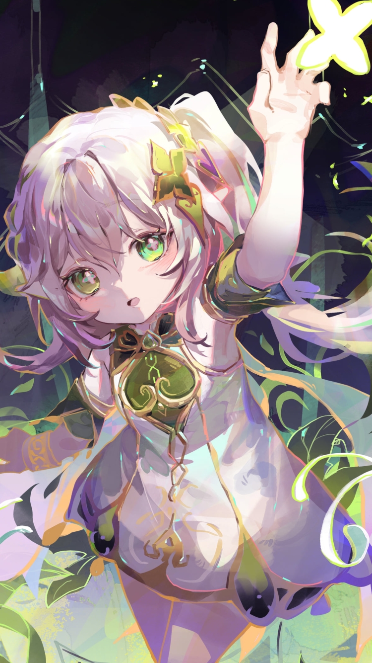 光る花に左手を伸ばすナヒーダ / 原神の750 x 1334 / スマホ壁紙