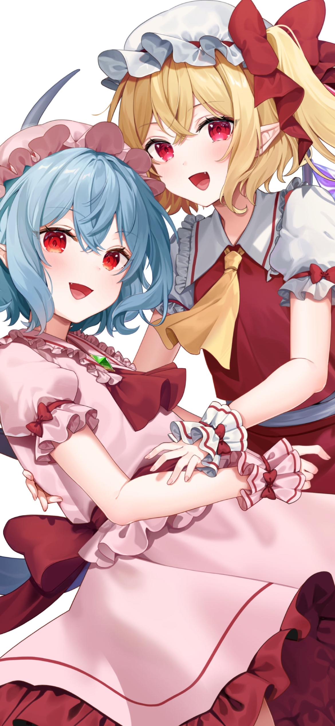 手を取り合うフランドール・スカーレットとレミリア・スカーレット / 東方の1170 x 2532 / スマホ壁紙