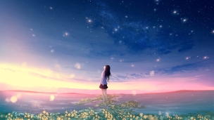 満天の星空を見上げる少女のデスクトップPC用の壁紙