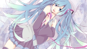 マイクを持つ初音ミクのデスクトップPC用の壁紙