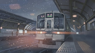雪が降る中、駅に停車する新宿駅の電車のデスクトップPC用の壁紙
