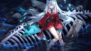 クジラの骨の上に座って目をつぶる濁心スカジ / アークナイツのデスクトップPC用の壁紙