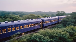 緑豊かな木々間にある線路を走る青い電車のデスクトップPC用の壁紙
