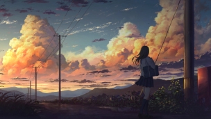 立ち並ぶ電柱と夕焼けに染まる雲を眺める女子高生 / 田舎のデスクトップPC用の壁紙