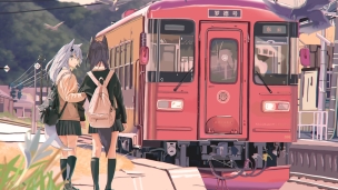 駅のホームで腕を組むテキサスとラップランド / 赤い電車 / 田舎 / アークナイツのデスクトップPC用の壁紙