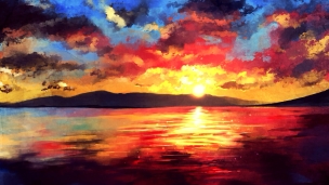夕陽で赤く染まる海 / 夕焼けの空のデスクトップPC用の壁紙