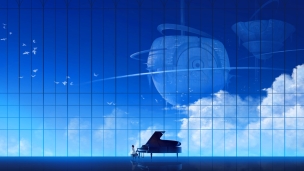 空が見えるガラス張りの部屋でグランドピアノを弾く女性のデスクトップPC用の壁紙