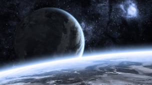 光る地平線から覗く惑星 / 銀河のデスクトップPC用の壁紙