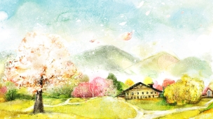桜が咲く田舎の綺麗な風景 / 水彩画のデスクトップPC用の壁紙