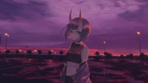 夕暮れの街でこちらを見つめる酒呑童子 / fate/grand orderのデスクトップPC用の壁紙