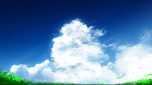白い入道雲と青空と緑の草原 / 夏のデスクトップPC用の壁紙