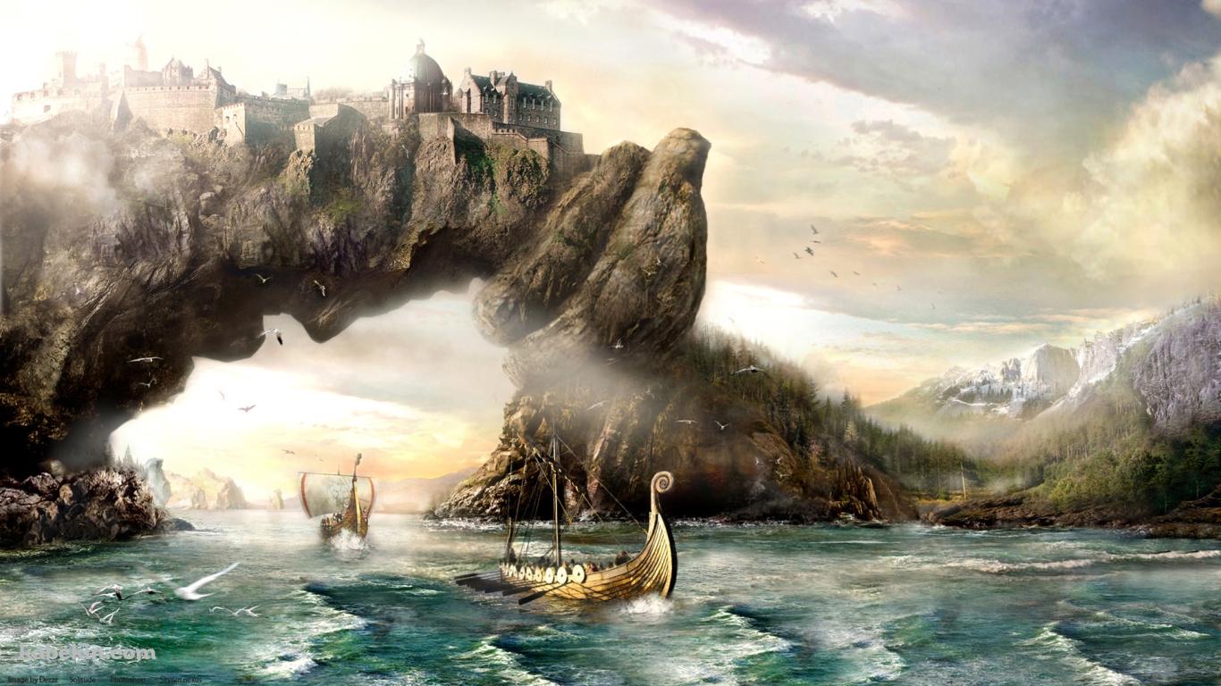 2隻の船と岸壁に立つ建物の壁紙(1366px x 768px) 高画質 PC・デスクトップ用