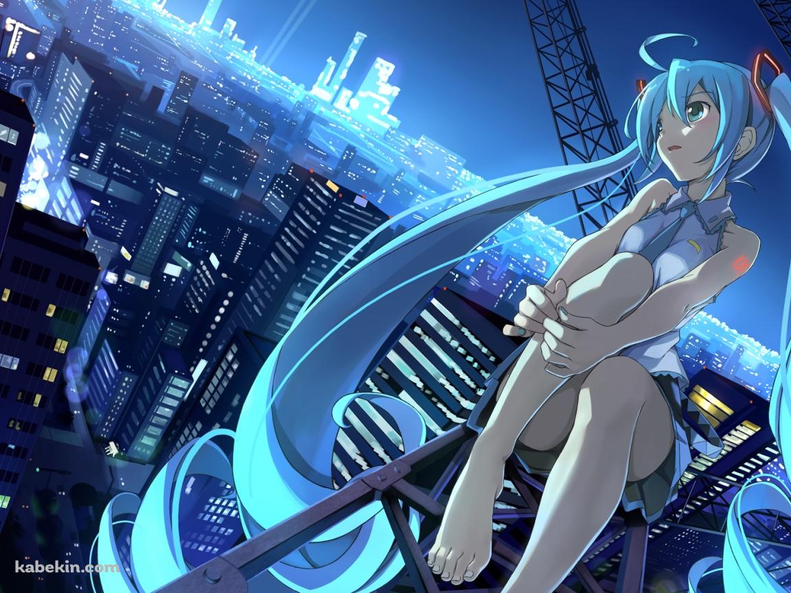 ビルの上に座る初音ミクの壁紙(1152px x 864px) 高画質 PC・デスクトップ用
