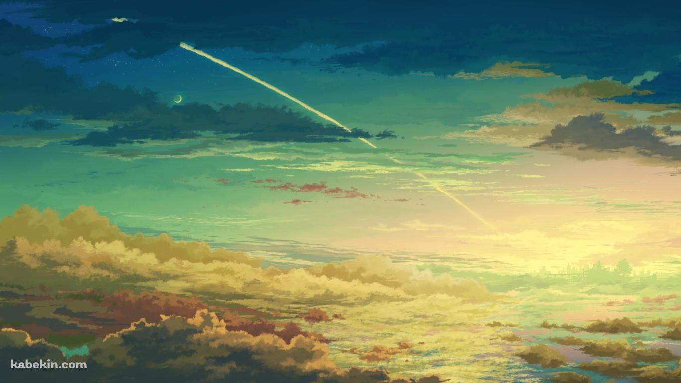 夕焼け時の飛行機雲の壁紙(1366px x 768px) 高画質 PC・デスクトップ用