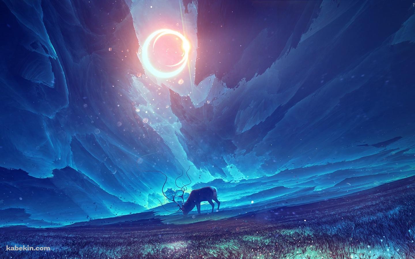 月と鹿 幻想的 青い空の壁紙(1440px x 900px) 高画質 PC・デスクトップ用