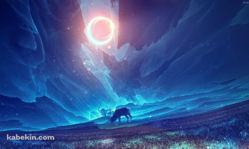 月と鹿 幻想的 青い空の壁紙(800px x 480px) 高画質 PC・デスクトップ用