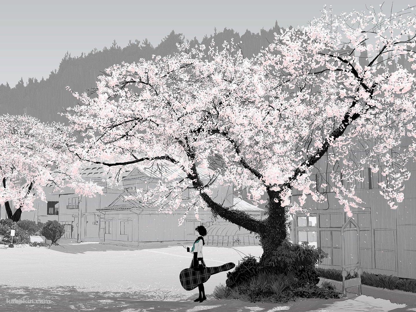 桜と女子高生の壁紙(1440px x 1080px) 高画質 PC・デスクトップ用