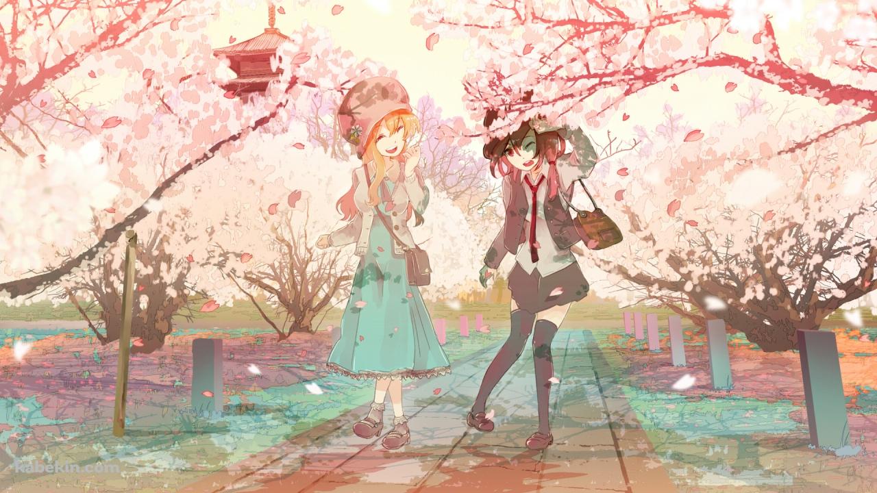 桜並木と二人の少女の壁紙(1280px x 720px) 高画質 PC・デスクトップ用