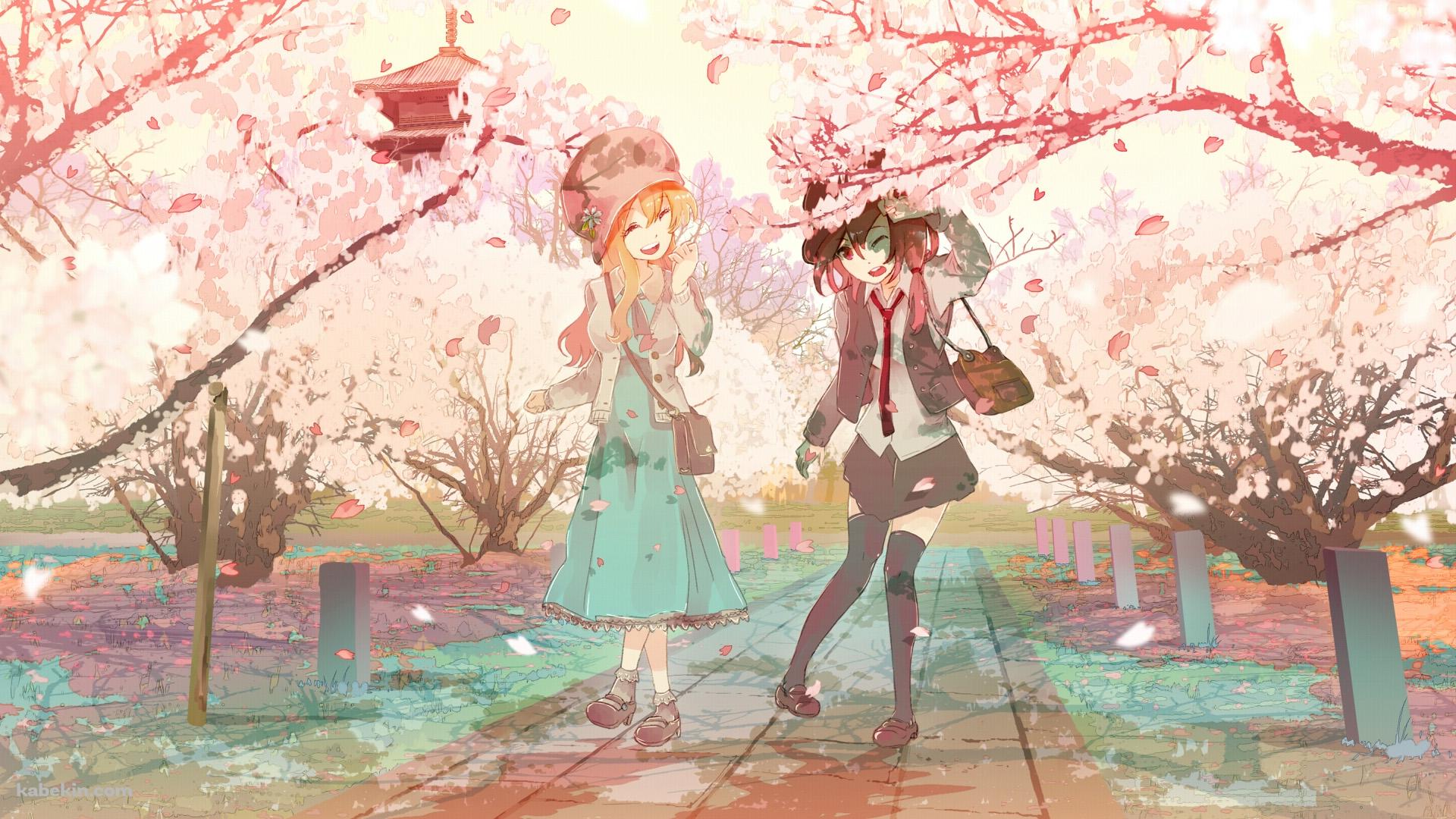 桜並木と二人の少女の壁紙(1920px x 1080px) 高画質 PC・デスクトップ用