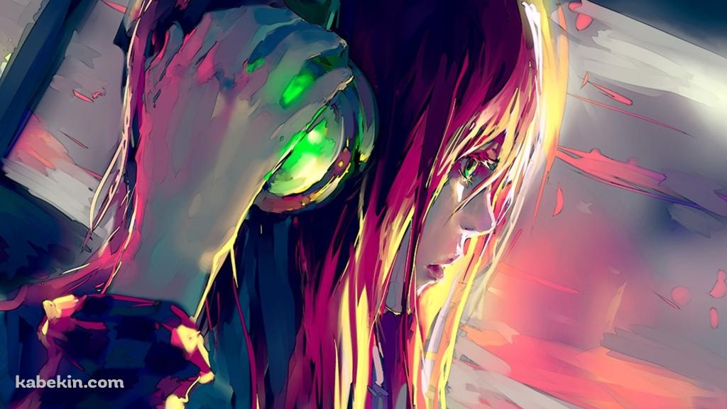 赤い髪 音楽を聴く少女の壁紙(1024px x 576px) 高画質 PC・デスクトップ用