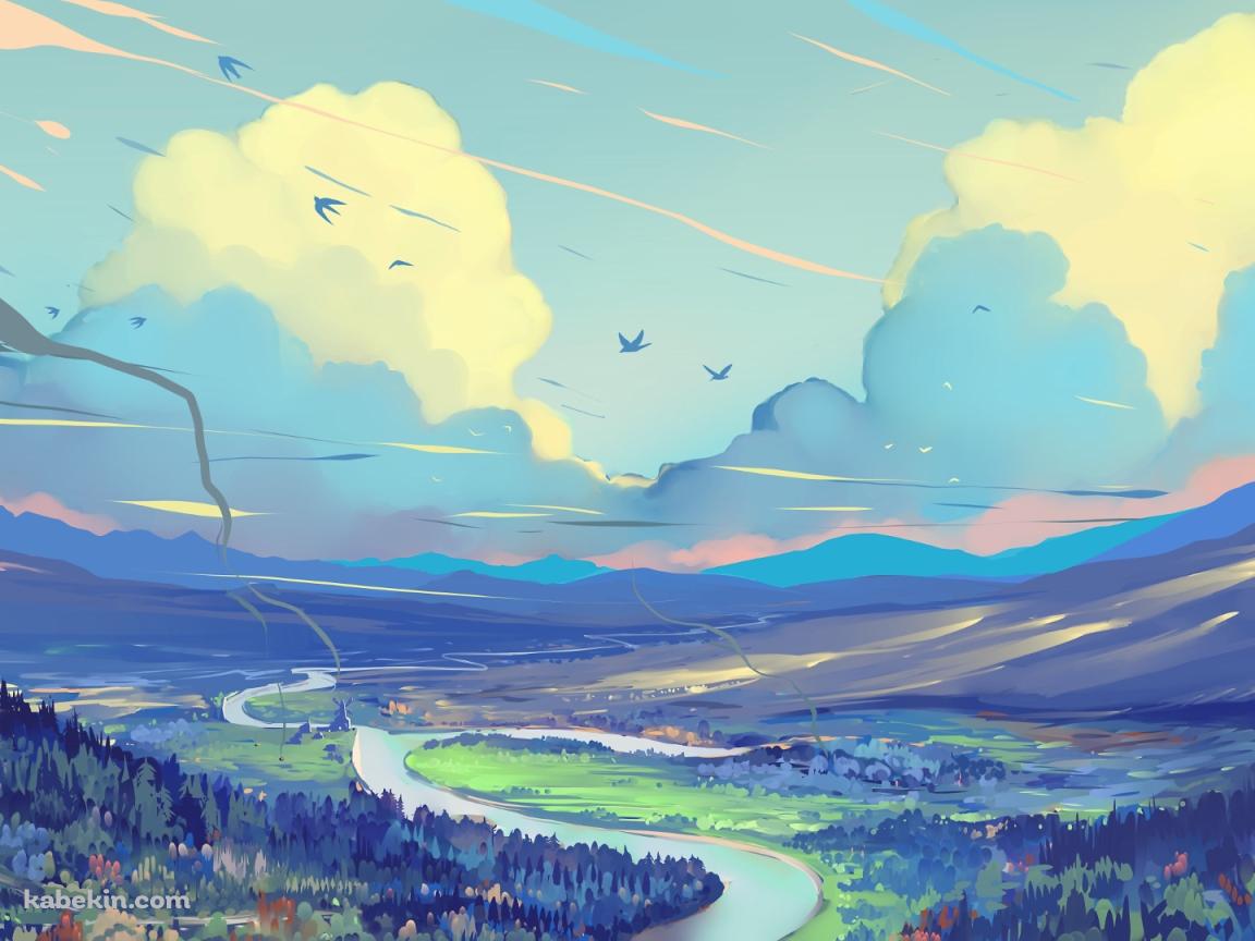 綺麗な景観 川 山 林 渡り鳥の壁紙(1152px x 864px) 高画質 PC・デスクトップ用