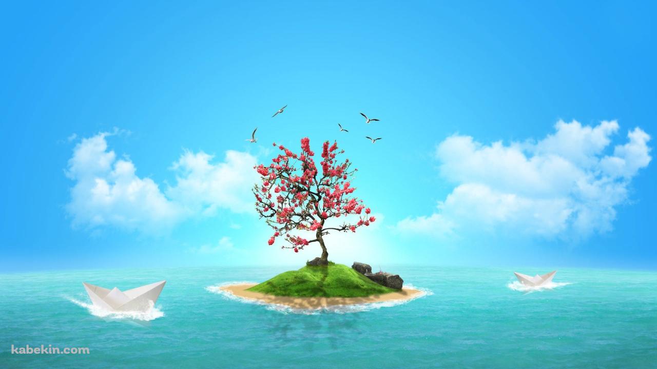 赤い木が立つ孤島の壁紙(1280px x 720px) 高画質 PC・デスクトップ用
