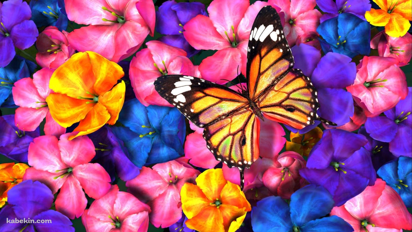 カラフルな花と黄色の蝶の壁紙(1391px x 783px) 高画質 PC・デスクトップ用