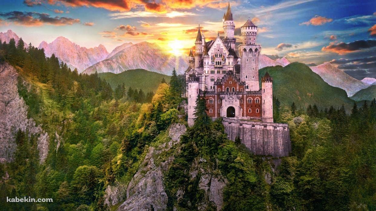 断崖の城と夕日の壁紙(1242px x 698px) 高画質 PC・デスクトップ用