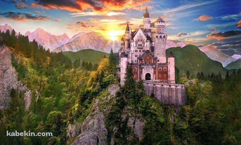 断崖の城と夕日の壁紙(800px x 480px) 高画質 PC・デスクトップ用