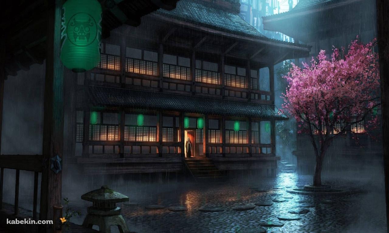 桜と雨と木造の建築物の壁紙(1280px x 768px) 高画質 PC・デスクトップ用