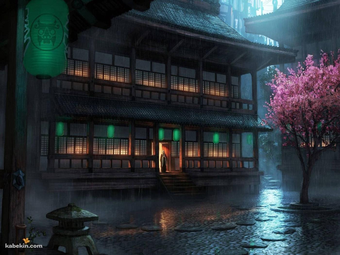 桜と雨と木造の建築物の壁紙(1400px x 1050px) 高画質 PC・デスクトップ用