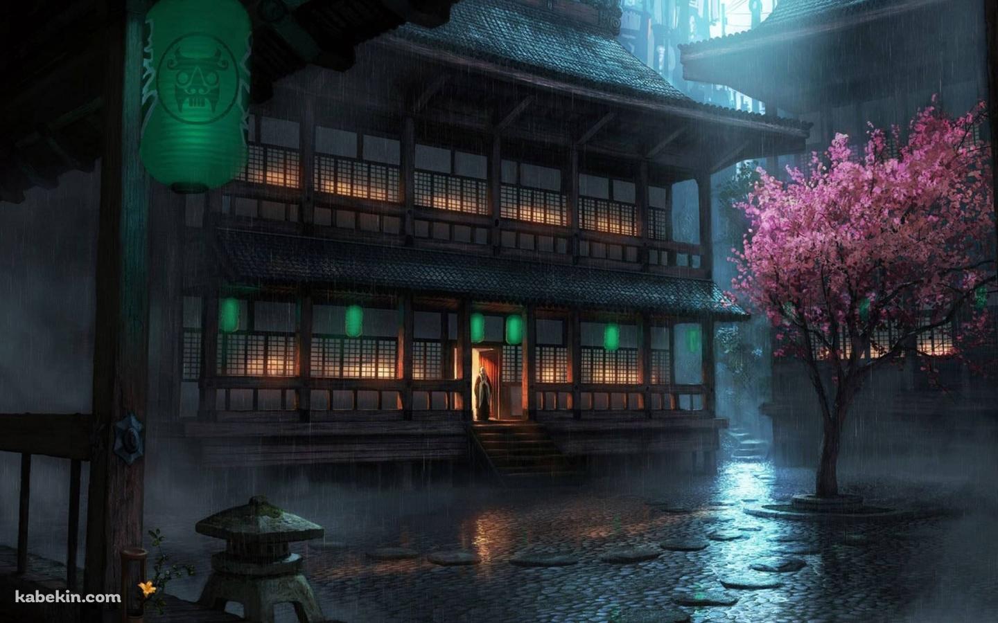 桜と雨と木造の建築物の壁紙(1440px x 900px) 高画質 PC・デスクトップ用