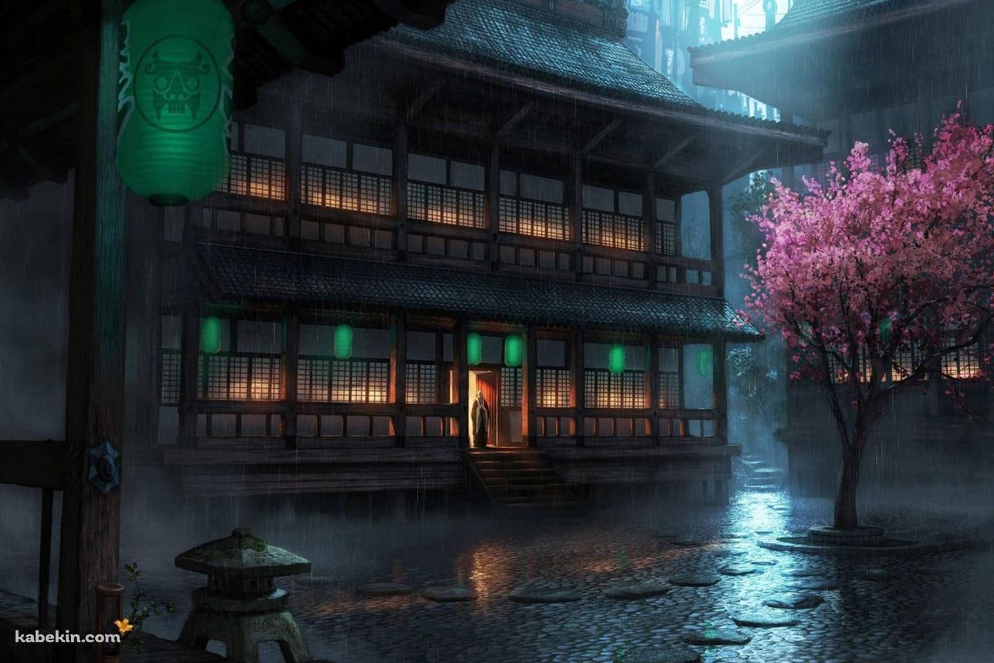 桜と雨と木造の建築物の壁紙(1440px x 960px) 高画質 PC・デスクトップ用
