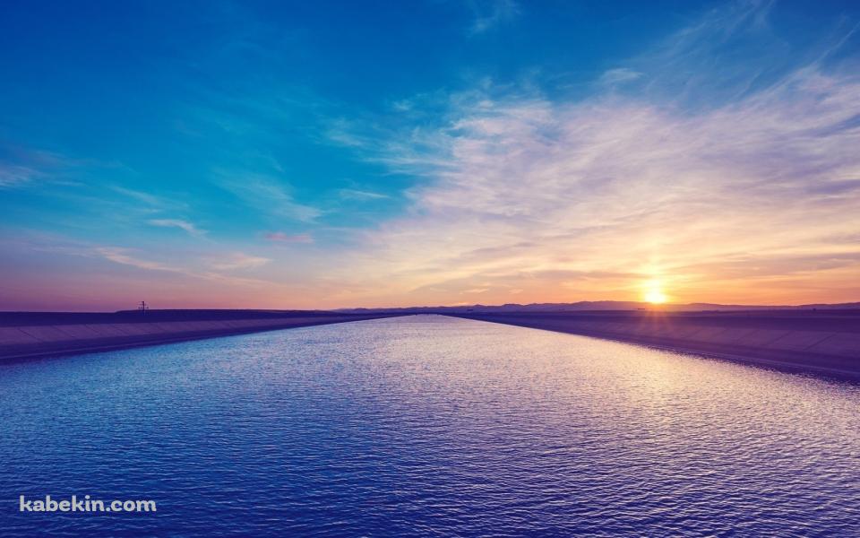 青い海 防波堤 夕日の壁紙(960px x 600px) 高画質 PC・デスクトップ用