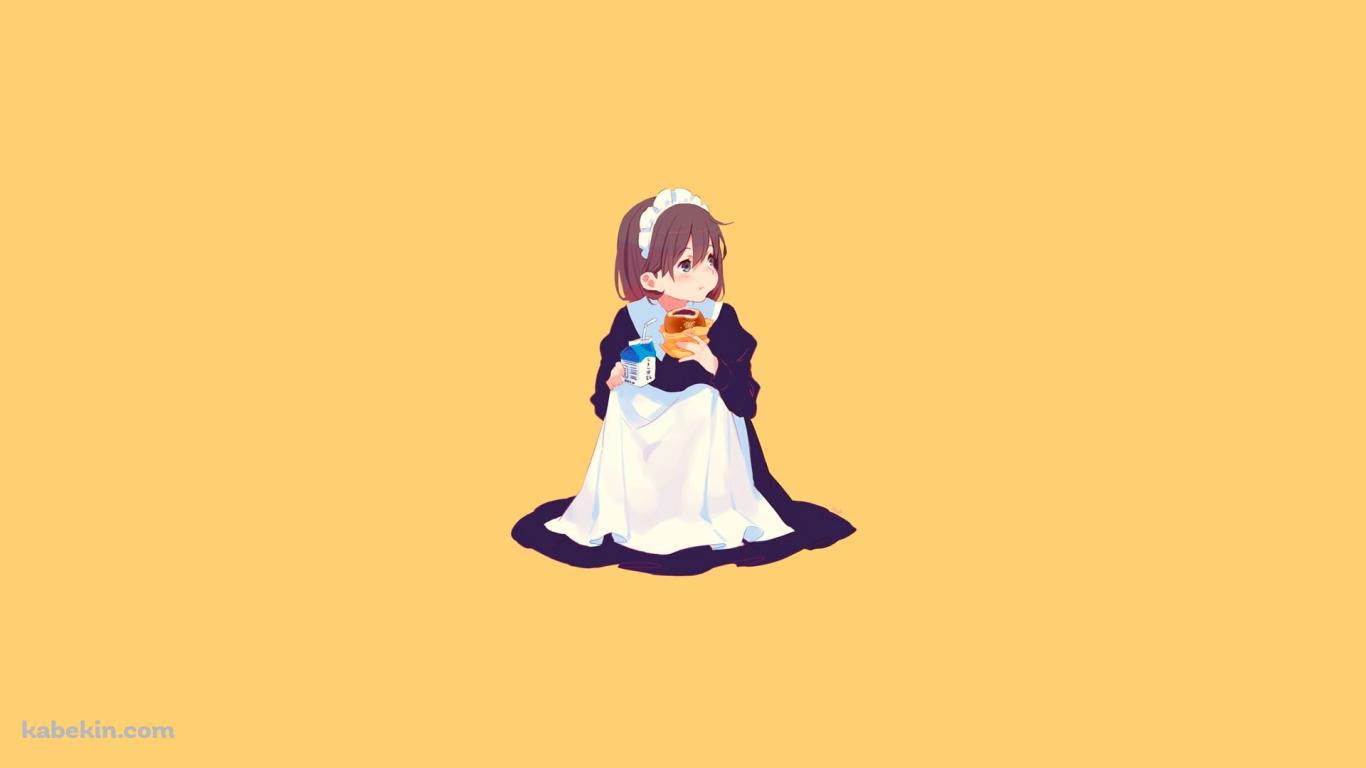 座り込んでアンパンを食べているメイドの壁紙(1366px x 768px) 高画質 PC・デスクトップ用
