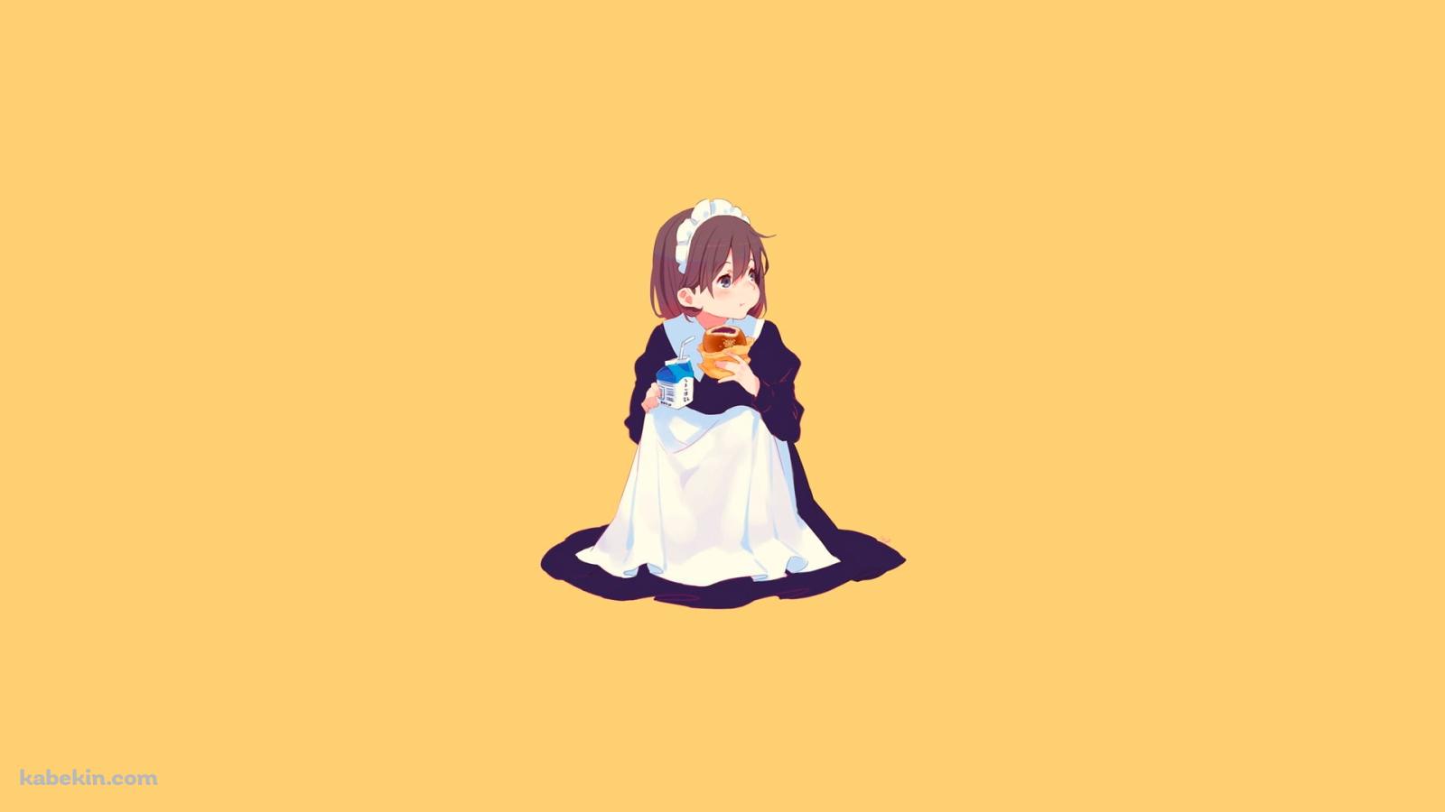 座り込んでアンパンを食べているメイドの壁紙(1600px x 900px) 高画質 PC・デスクトップ用