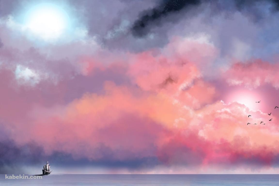 赤みがかった空 船 渡り鳥の壁紙(1152px x 768px) 高画質 PC・デスクトップ用