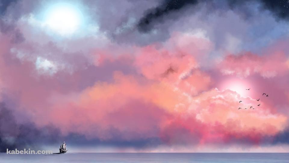 赤みがかった空 船 渡り鳥の壁紙(960px x 540px) 高画質 PC・デスクトップ用
