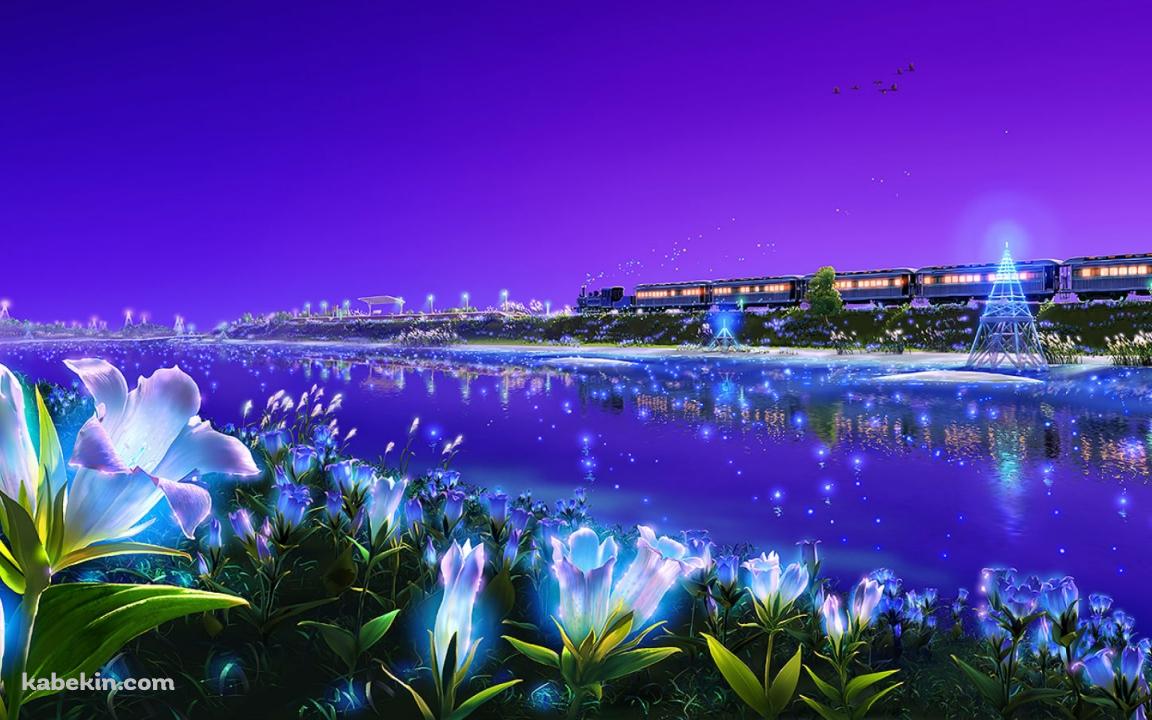 紫 電車 花畑の壁紙(1152px x 720px) 高画質 PC・デスクトップ用