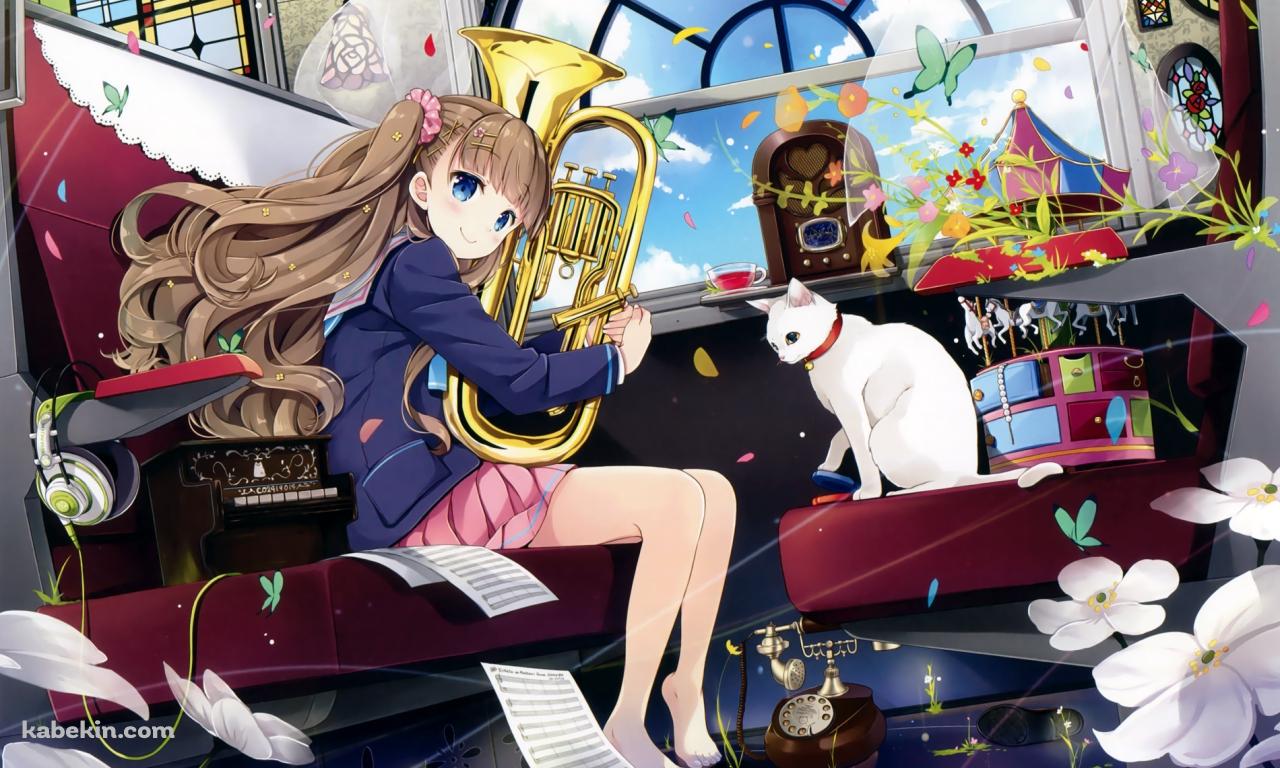 列車 女の子 白い猫 楽器の壁紙(1280px x 768px) 高画質 PC・デスクトップ用