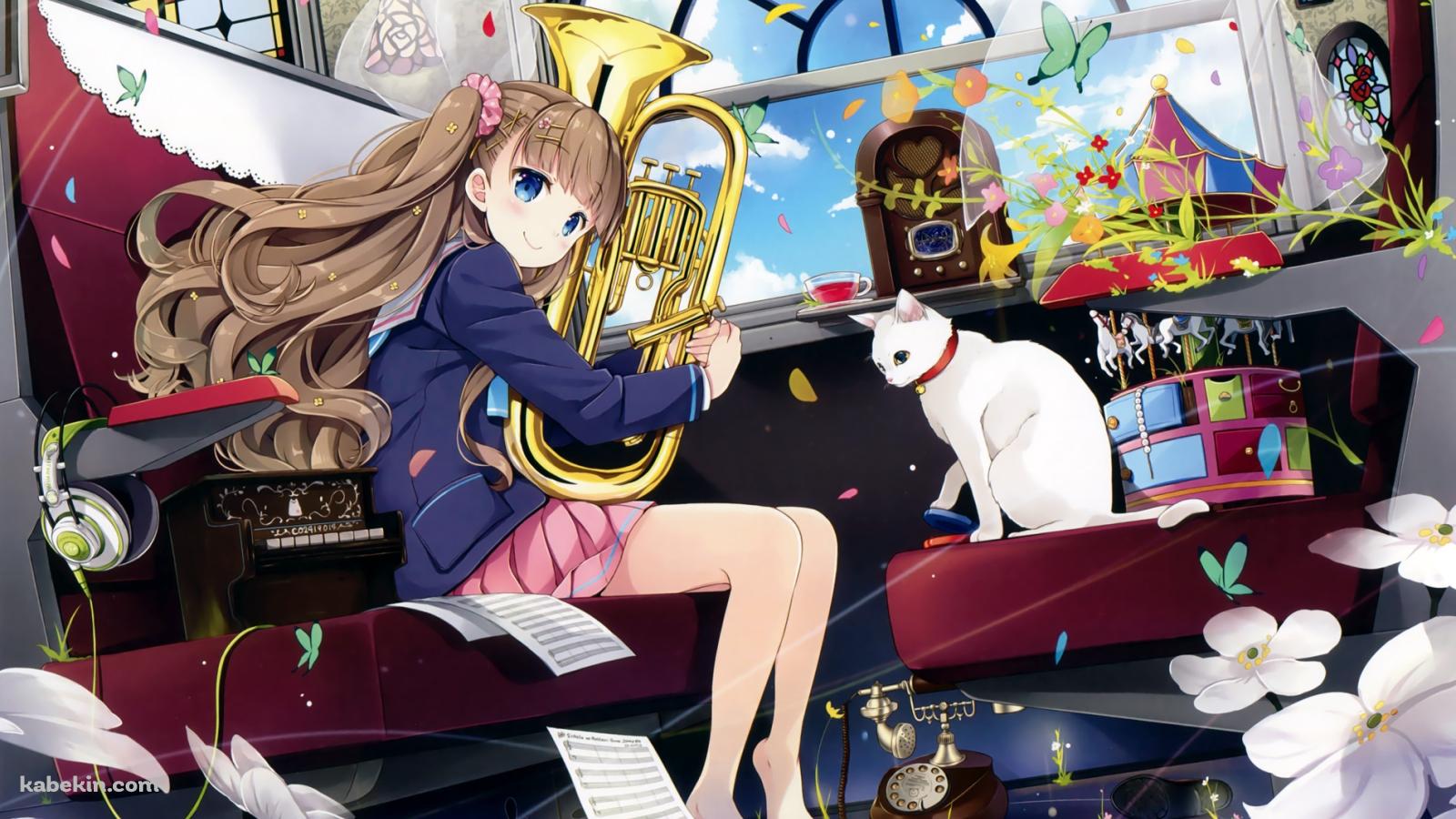 列車 女の子 白い猫 楽器の壁紙(1600px x 900px) 高画質 PC・デスクトップ用