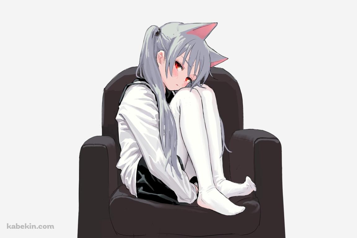 猫耳 ツインテール 椅子に座った女の子の壁紙(1152px x 768px) 高画質 PC・デスクトップ用