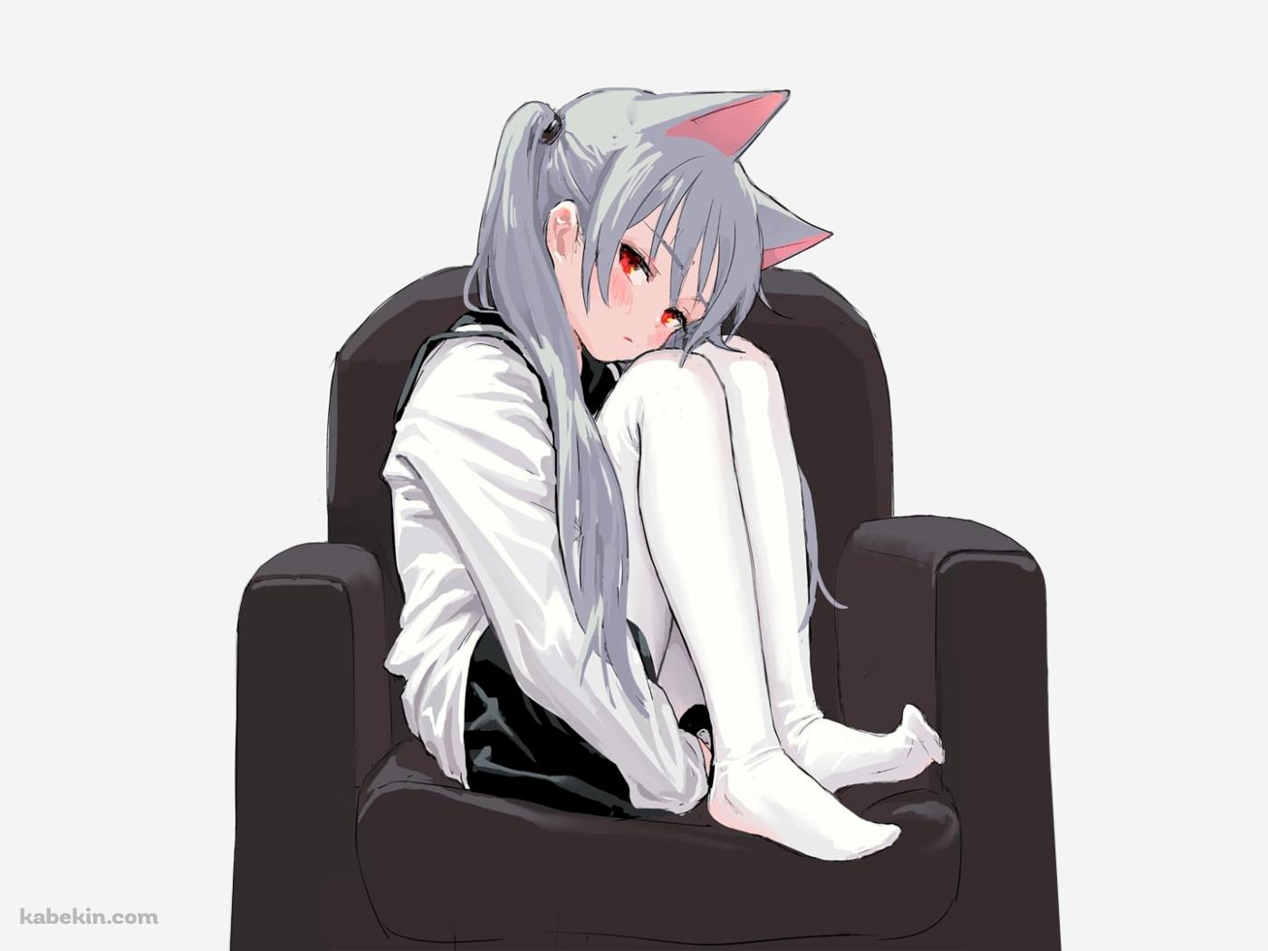猫耳 ツインテール 椅子に座った女の子の壁紙(1400px x 1050px) 高画質 PC・デスクトップ用
