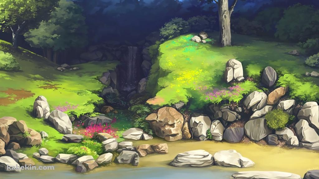 小さい滝 緑の丘 石の壁紙(1024px x 576px) 高画質 PC・デスクトップ用