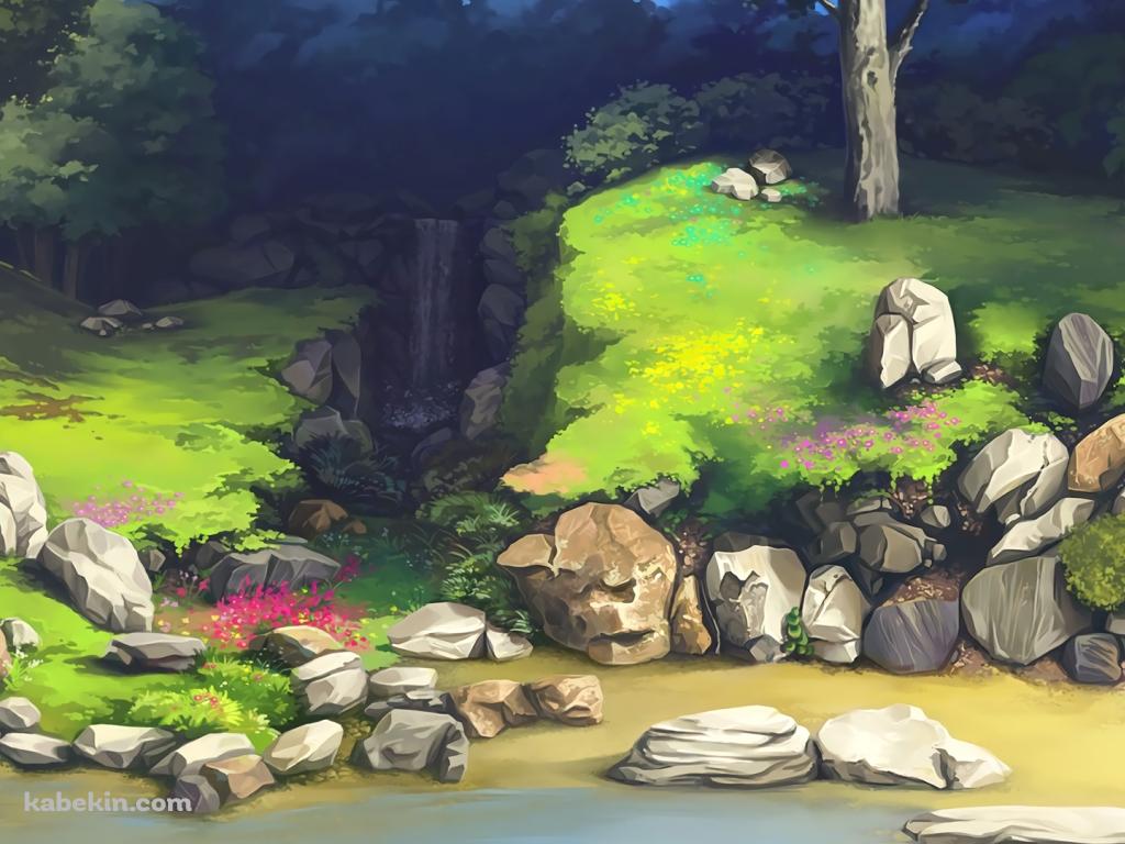小さい滝 緑の丘 石の壁紙(1024px x 768px) 高画質 PC・デスクトップ用
