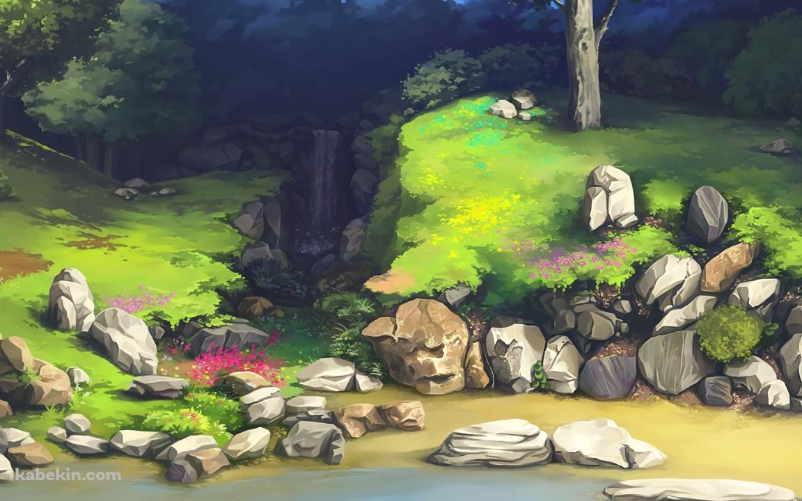 小さい滝 緑の丘 石の壁紙(1152px x 720px) 高画質 PC・デスクトップ用